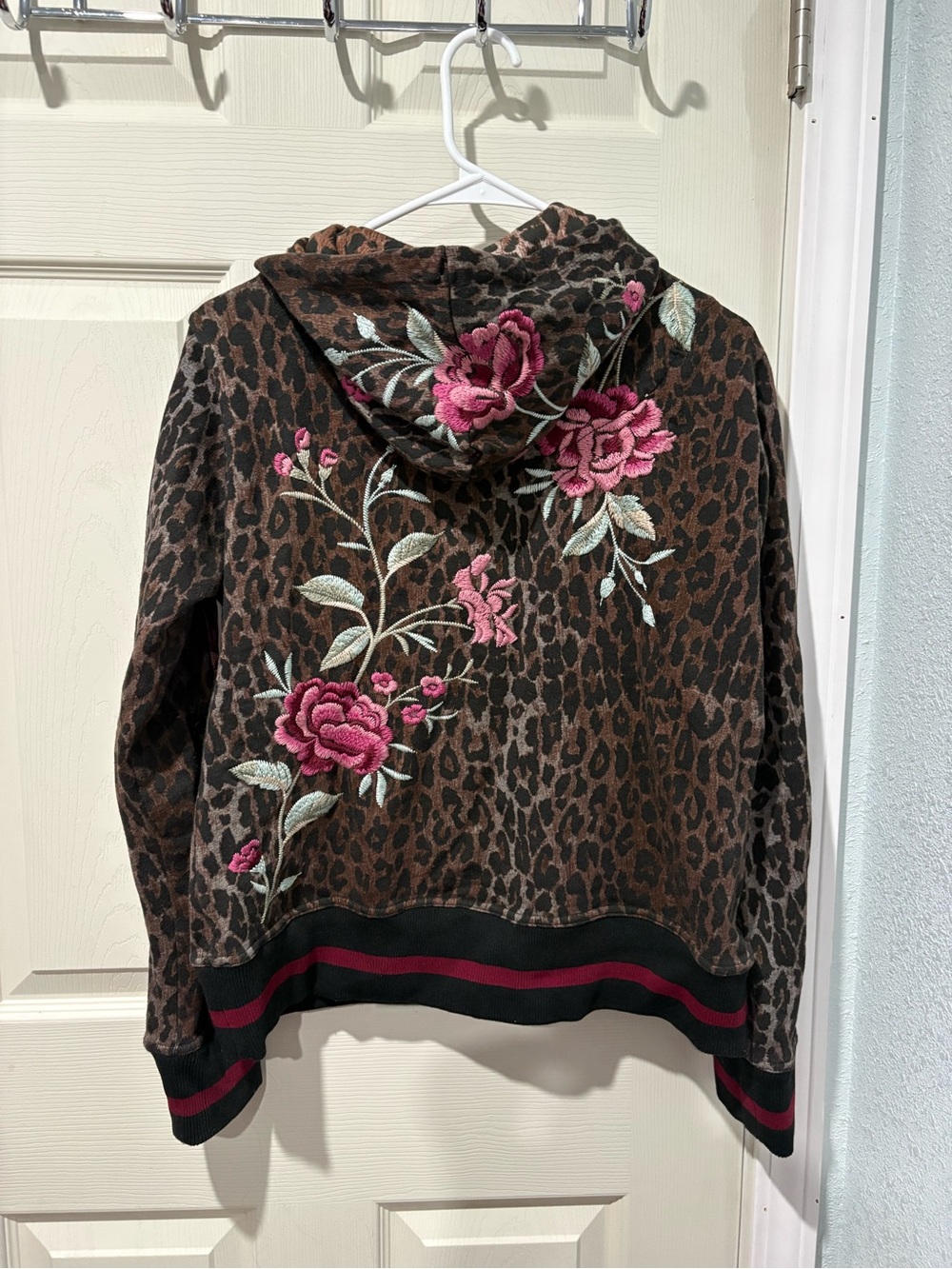 Johnny Was Brown Erin Athletic Zip Up Hoodie with Leopard Pink Rose Embroidery - Picture 2 of 5